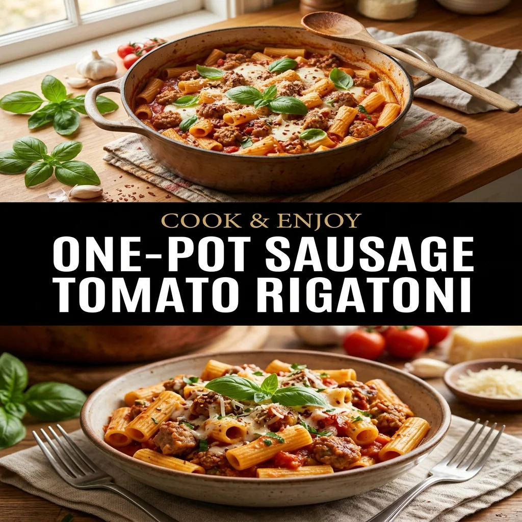 One-Pot Sausage Tomato Rigatoni recipe poster